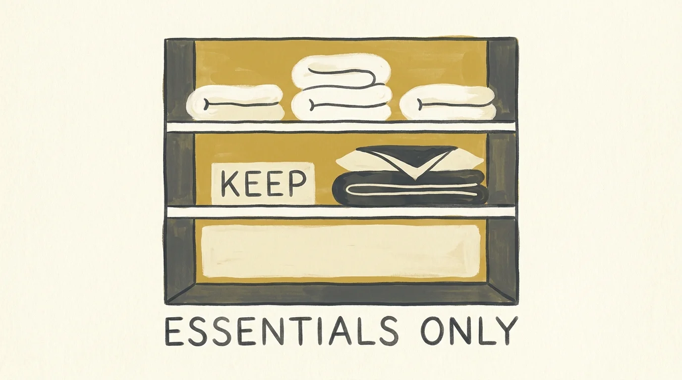 Minimalist gouache illustration of an organized linen closet with only a few essential items on the shelves.