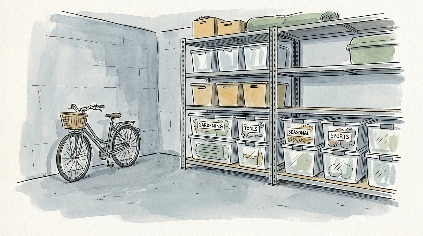 Watercolor illustration of a garage with labeled storage bins on low shelves and a clear, open floor.
