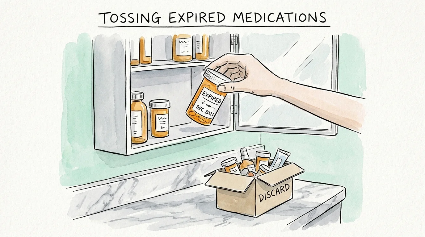 Watercolor illustration of a person removing expired medicine bottles from a bathroom cabinet and placing them in a box.