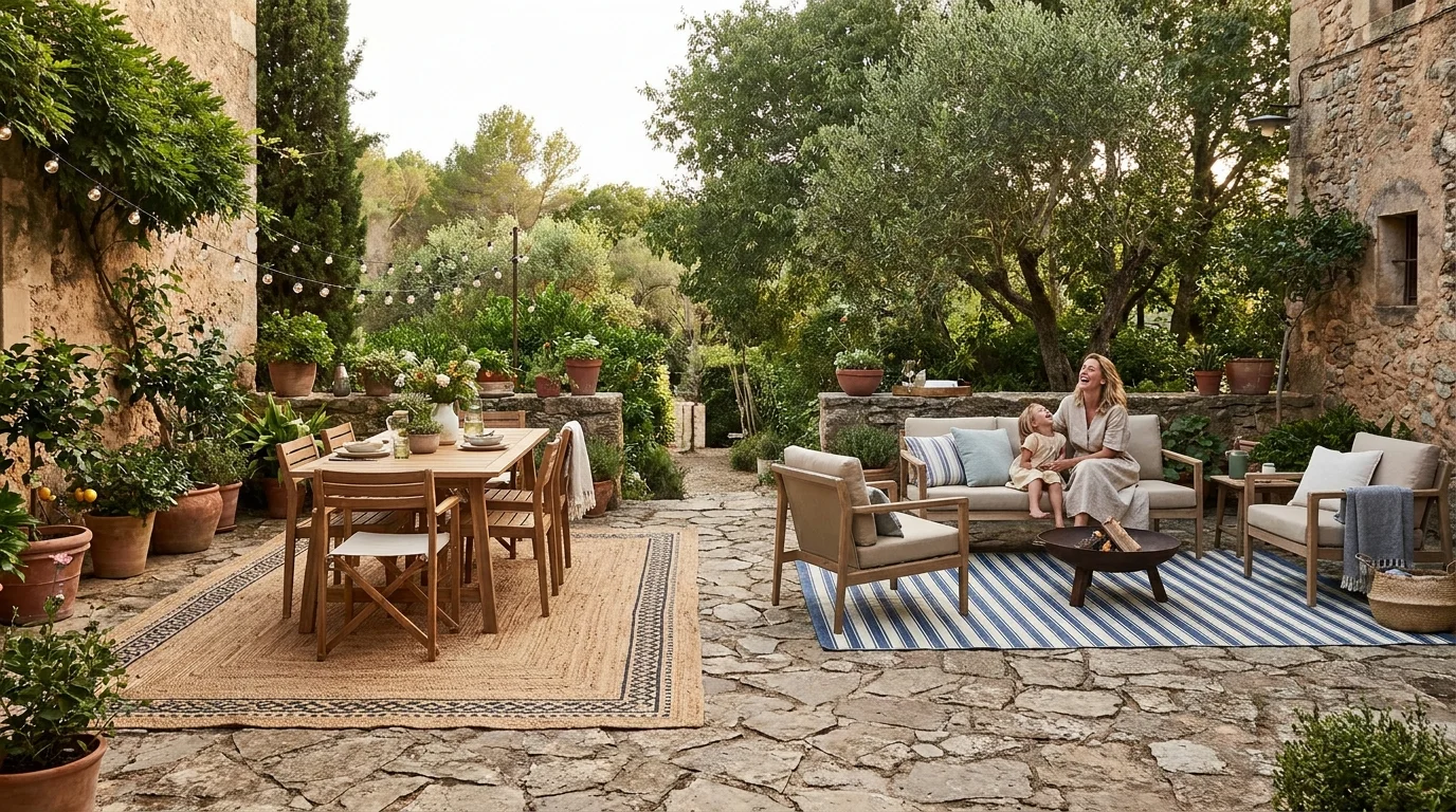 7. Define Zones with Outdoor Rugs and Decor