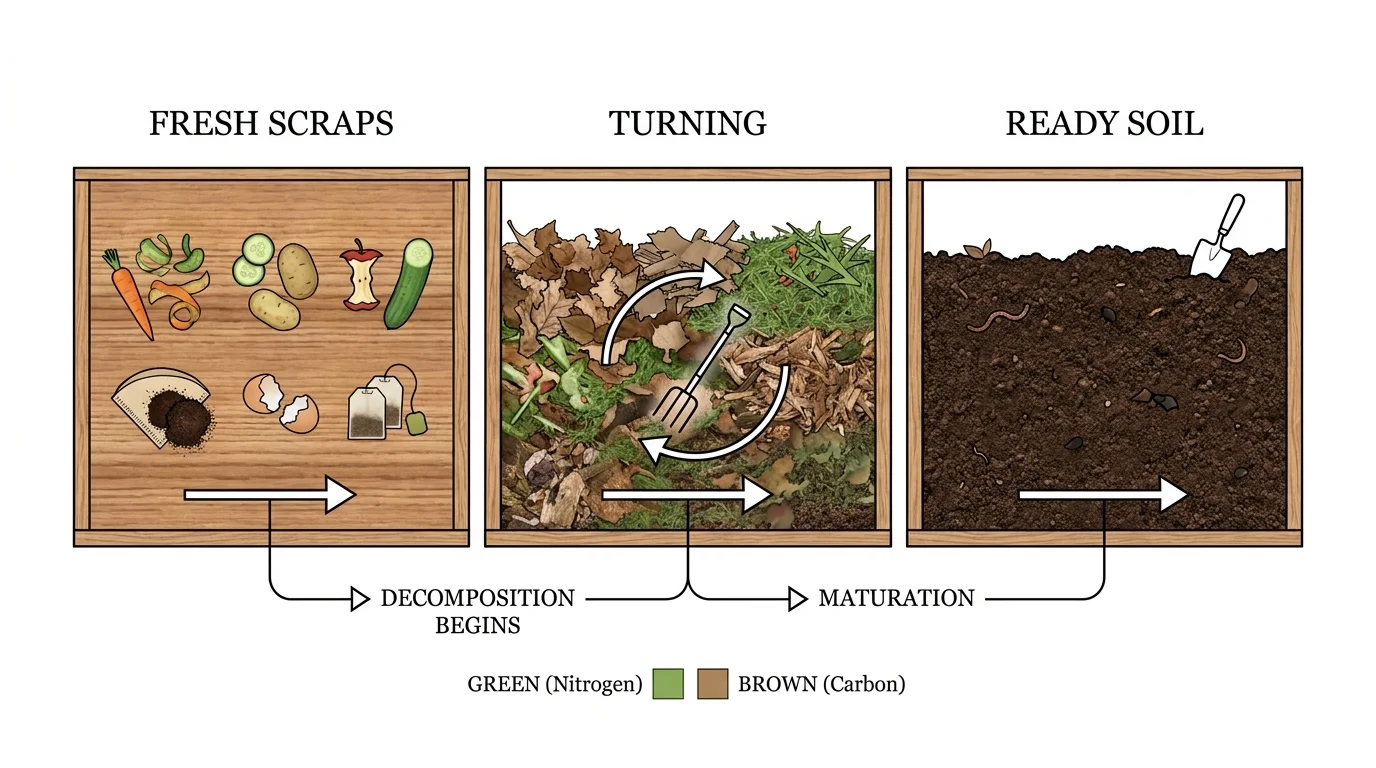 A 3-bin compost diagram showing the stages from fresh scraps to finished soil.