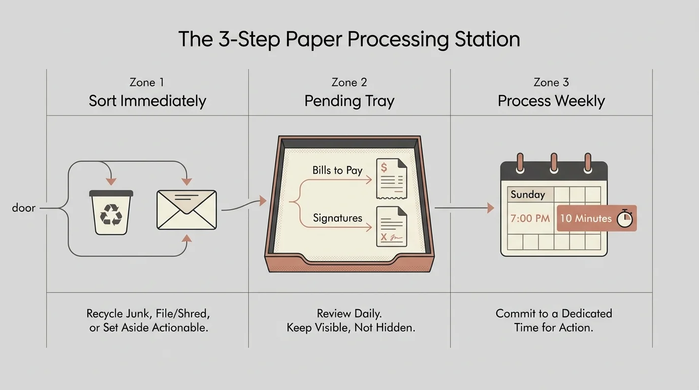 A 3-step diagram showing how to sort mail immediately, use a pending tray, and process papers weekly on Sundays.