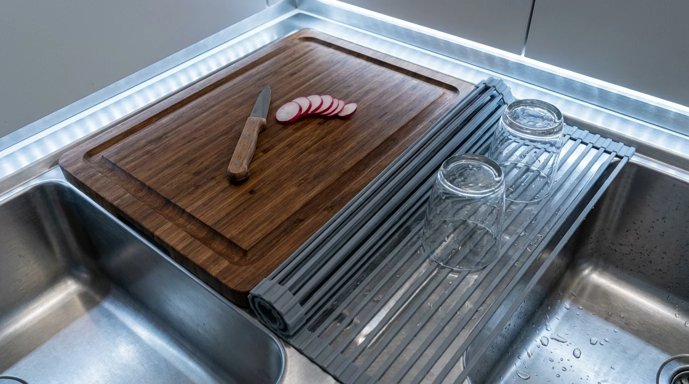 A bamboo cutting board and a roll-up drying rack placed over a stainless steel kitchen sink.