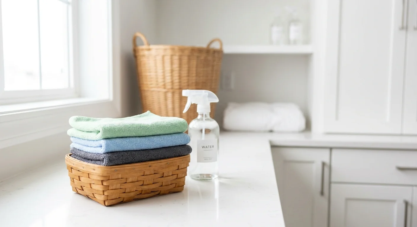 A basket of clean, colorful microfiber cloths and a spray bottle on a bright counter.