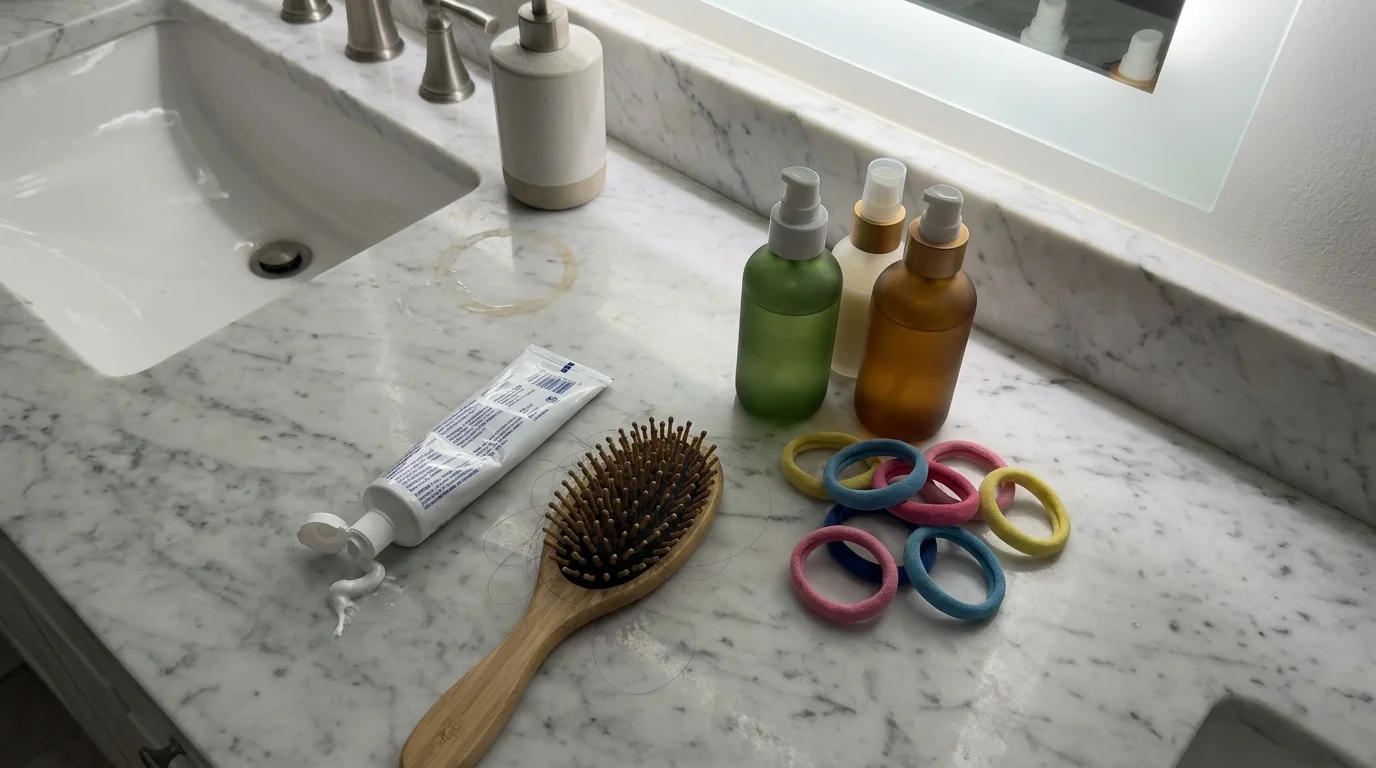 A bathroom sink counter cluttered with toothpaste, a hairbrush, and various skincare bottles.