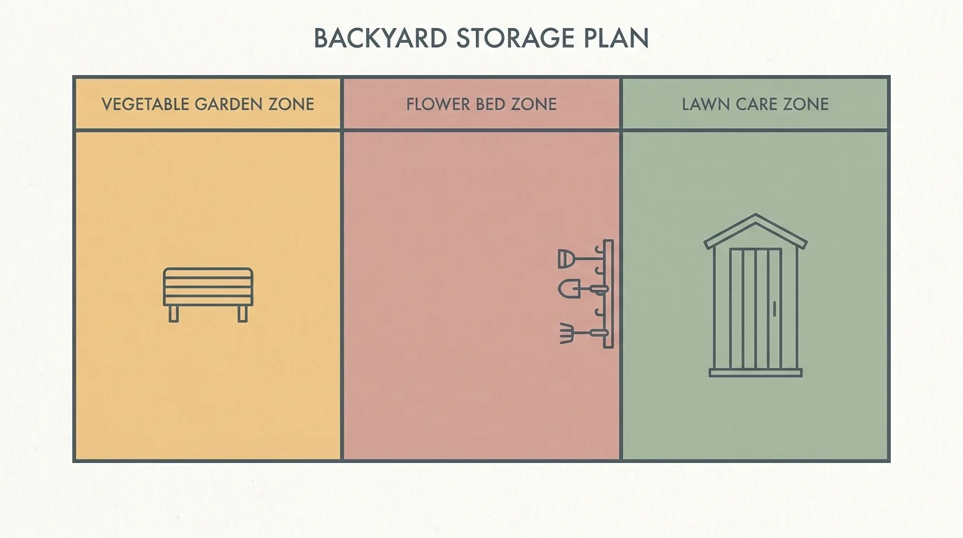 A bird's-eye view diagram showing a backyard divided into storage zones for vegetables, flowers, and lawn care.