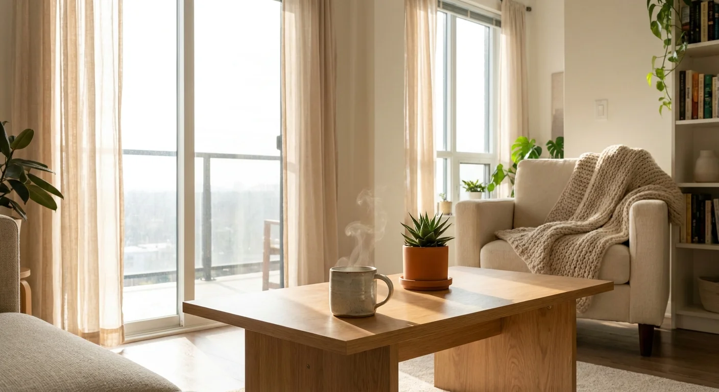 A bright, clean, and dust-free living room filled with natural sunlight and a sense of calm.