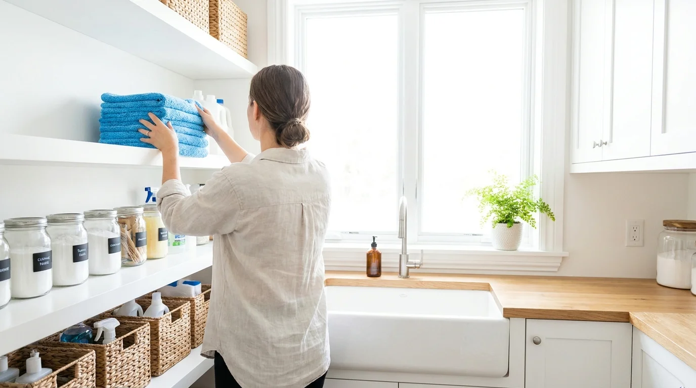 A bright, organized laundry room with a person stacking clean blue microfiber cloths on a shelf.