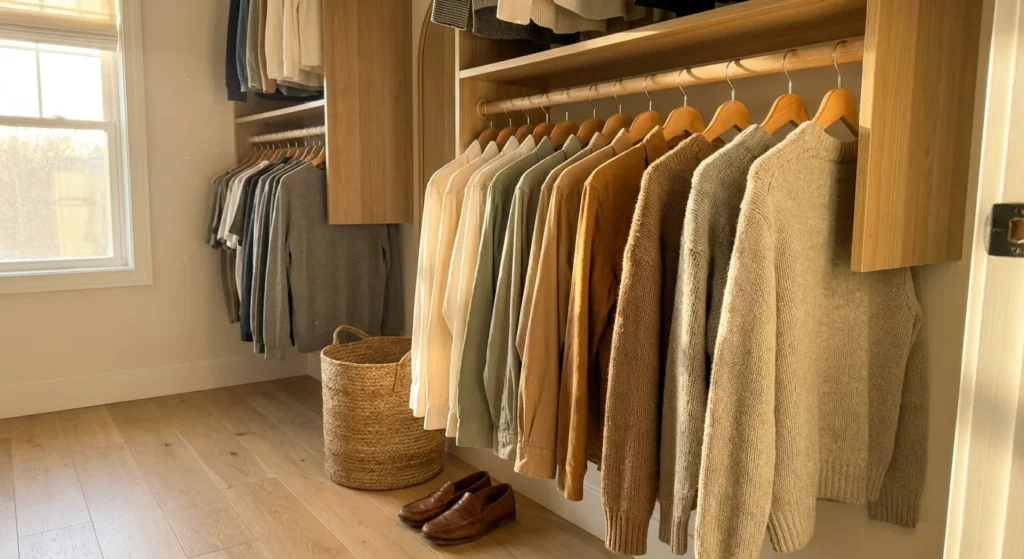 A brightly lit, organized bedroom closet with clothes neatly arranged by color on wooden hangers under soft morning sunlight.