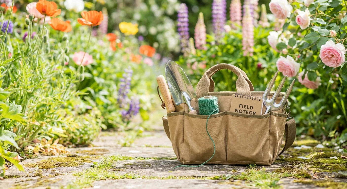 A canvas tool caddy filled with gardening tools sitting on a stone path with flowers in the background.