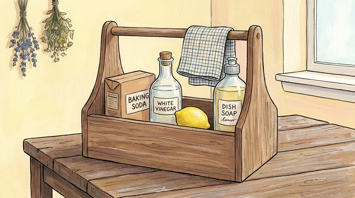 A charming gouache illustration of a wooden caddy filled with lemons, vinegar, baking soda, and soap.