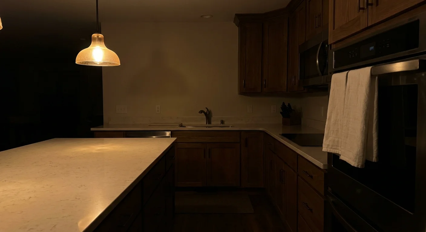 A clean kitchen at night with warm pendant lighting and empty, wiped-down countertops.