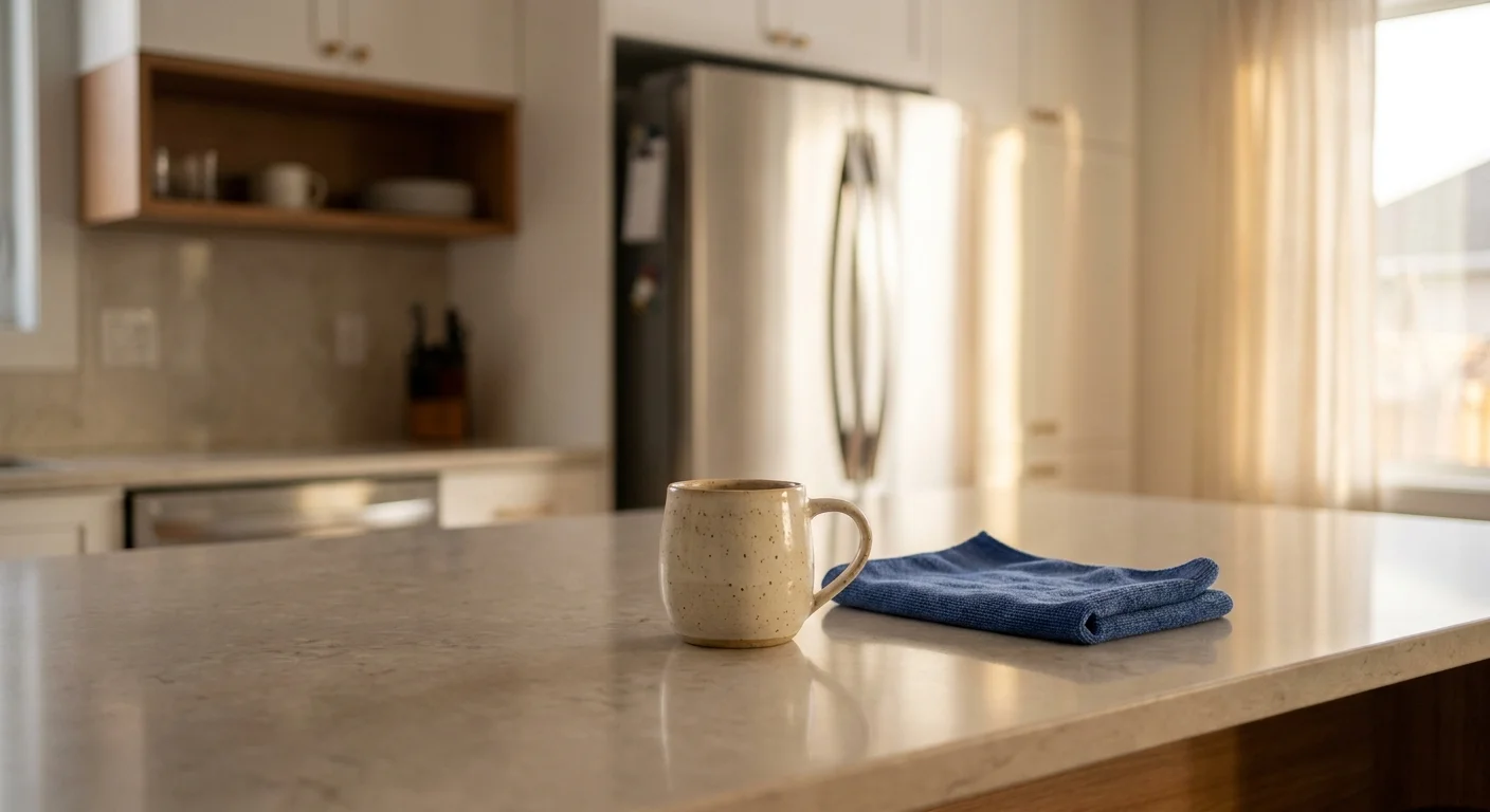 A clean kitchen counter with a coffee mug and a folded cleaning cloth, representing a finished job.
