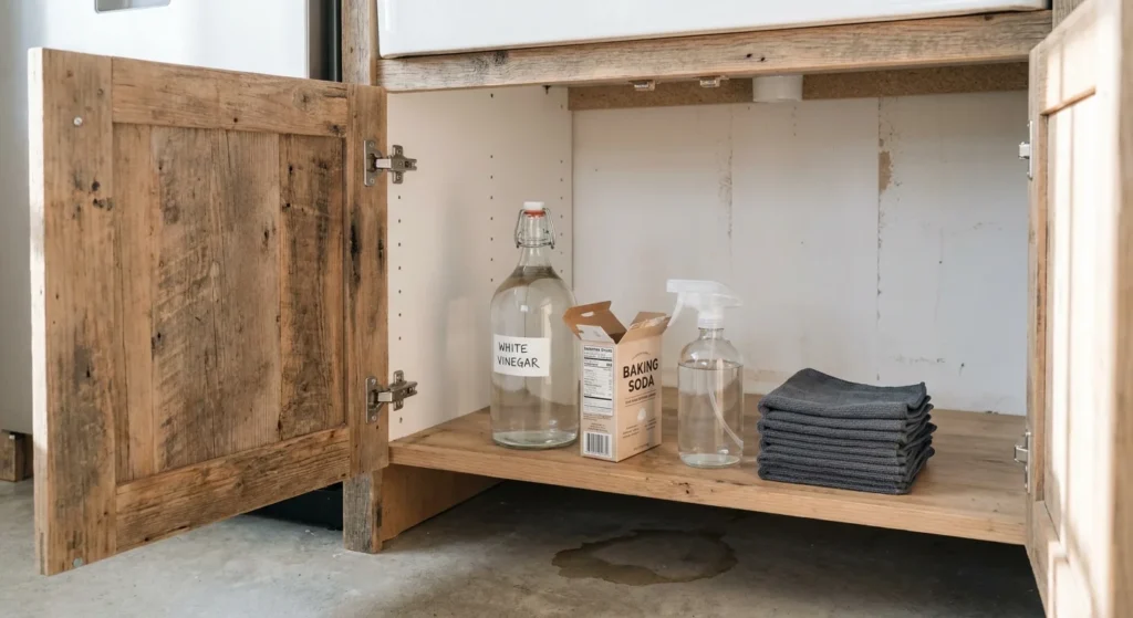 A clean, organized kitchen cabinet under the sink with only vinegar, baking soda, a spray bottle, and microfiber cloths, showing reclaimed s