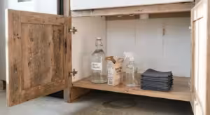A clean, organized kitchen cabinet under the sink with only vinegar, baking soda, a spray bottle, and microfiber cloths, showing reclaimed s