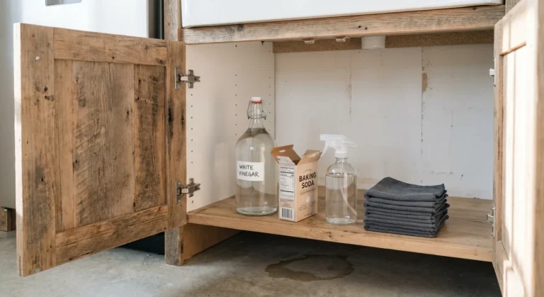 A clean, organized kitchen cabinet under the sink with only vinegar, baking soda, a spray bottle, and microfiber cloths, showing reclaimed s