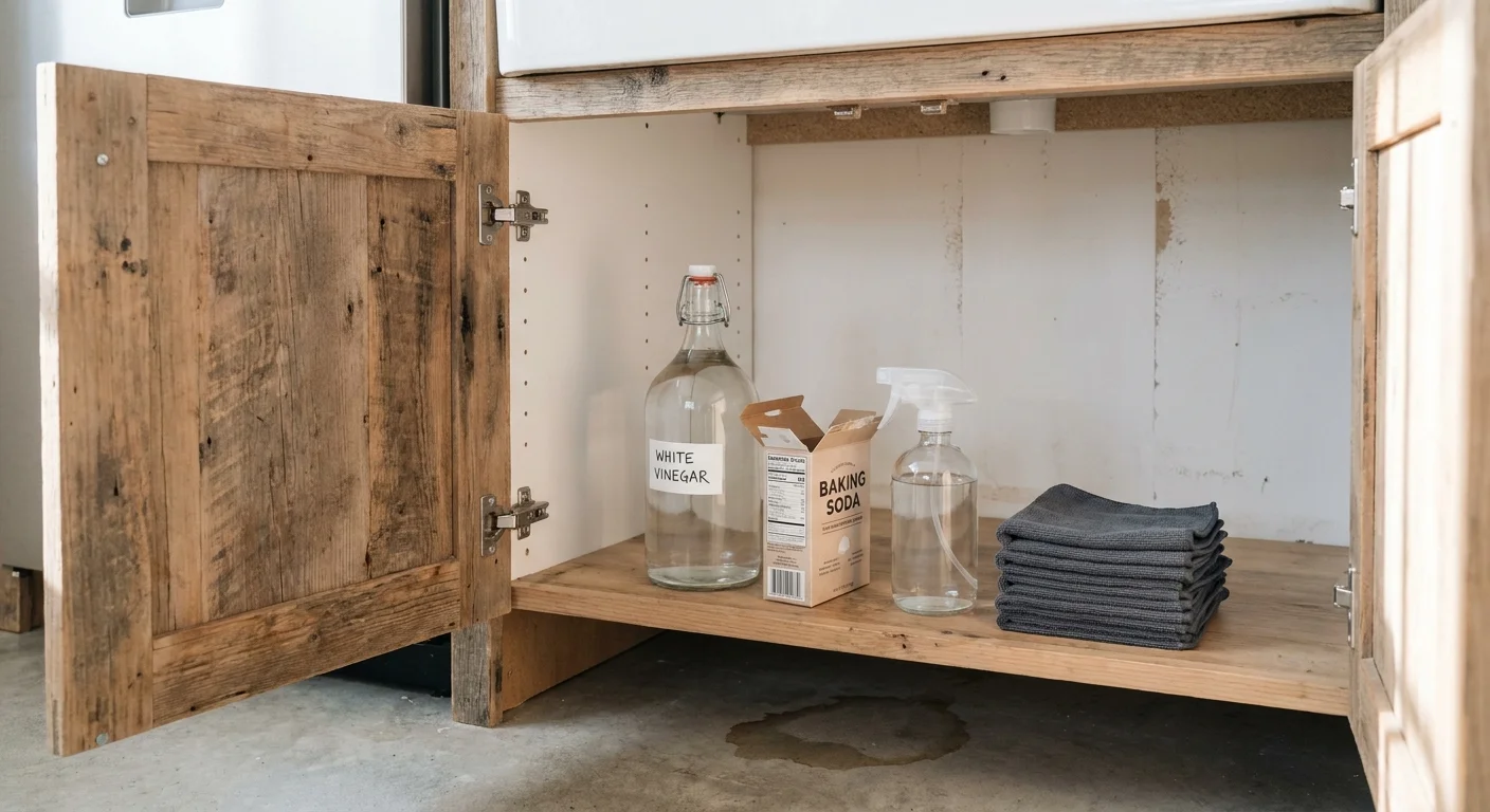 A clean, organized kitchen cabinet under the sink with only vinegar, baking soda, a spray bottle, and microfiber cloths, showing reclaimed s