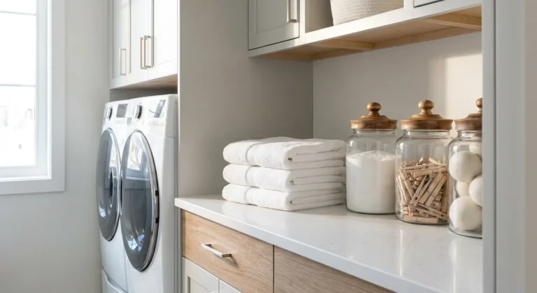 A clean, organized laundry room counter with glass jars of supplies and a stack of fresh white towels in soft morning light.