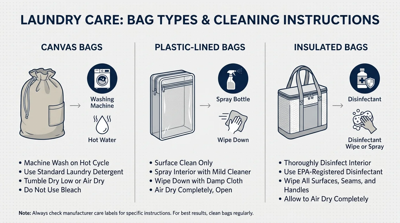 A cleaning guide diagram with icons showing how to wash canvas, plastic, and insulated grocery bags.