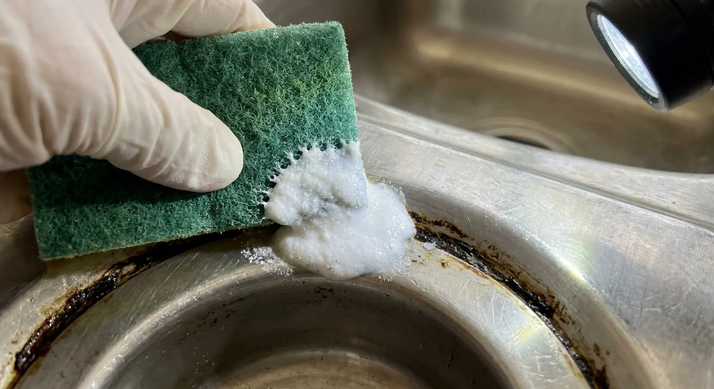 A close-up of a gritty white baking soda paste being applied to the rim of a sink drain with a sponge.