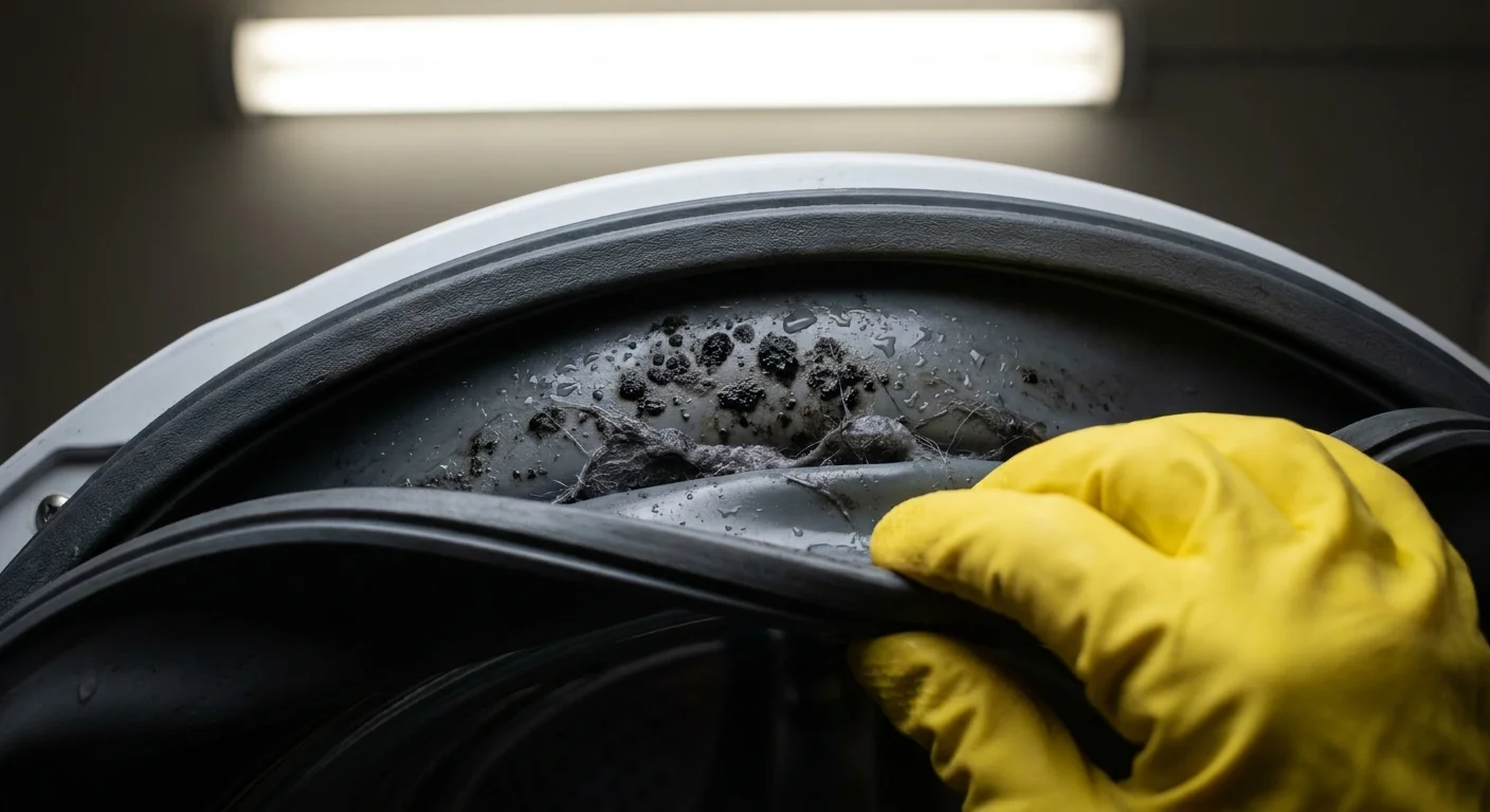 A close-up of a hand pulling back a washing machine's rubber seal to reveal hidden mold and grime.