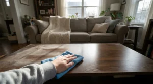 A close-up of a hand wiping a dusty wooden table with a blue microfiber cloth, showing a clear clean streak in the dust.