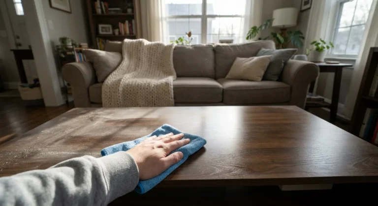 A close-up of a hand wiping a dusty wooden table with a blue microfiber cloth, showing a clear clean streak in the dust.