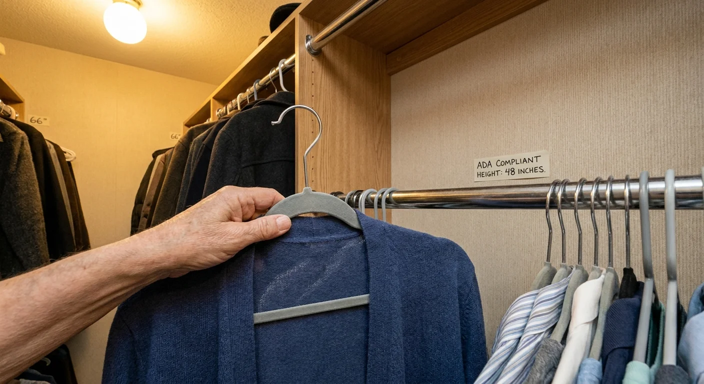 A close-up of a person's hand easily reaching a cardigan on a lowered closet rod set at an accessible height.