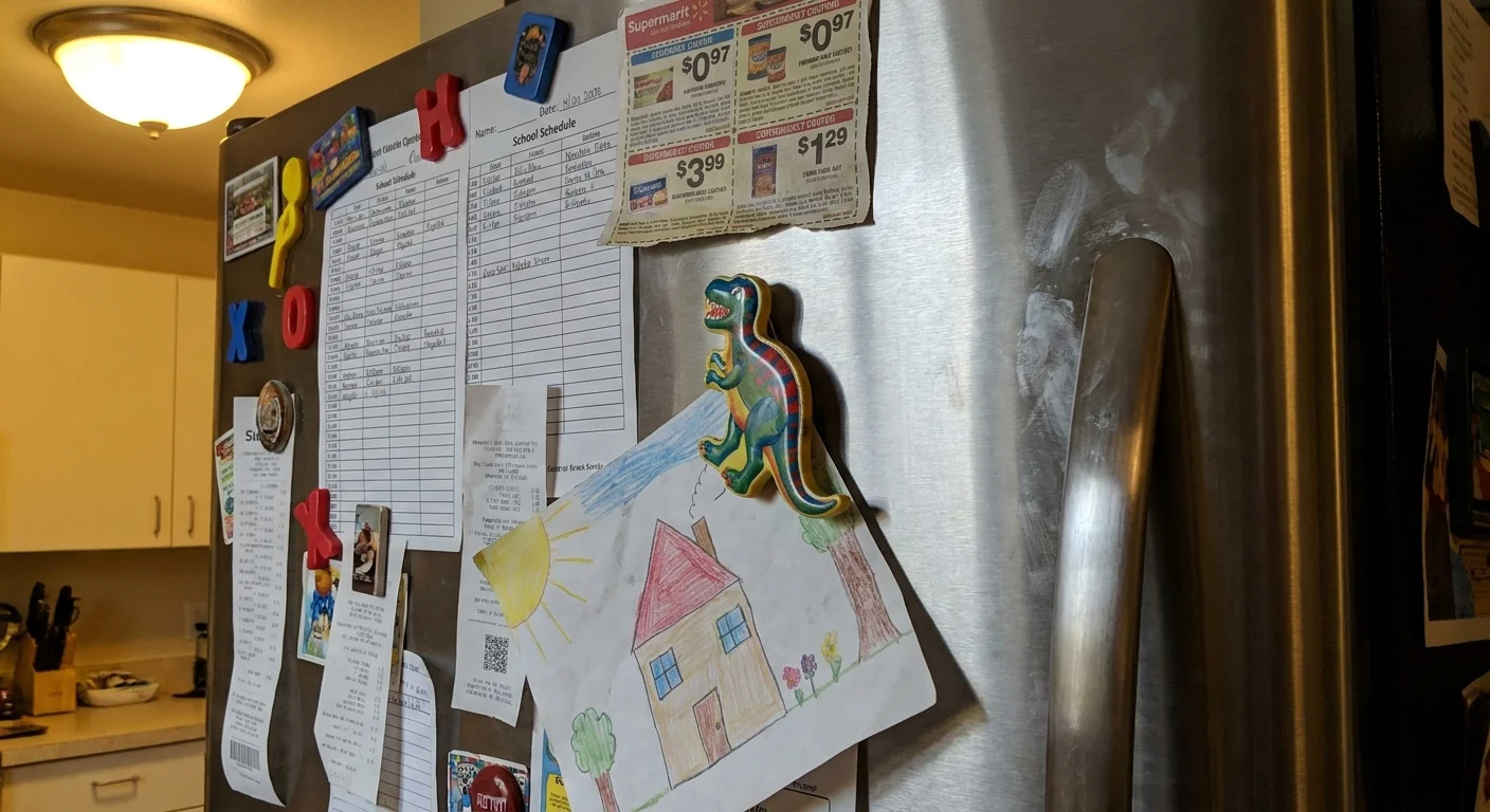 A close-up of a refrigerator door covered in a chaotic mix of magnets, papers, and receipts.