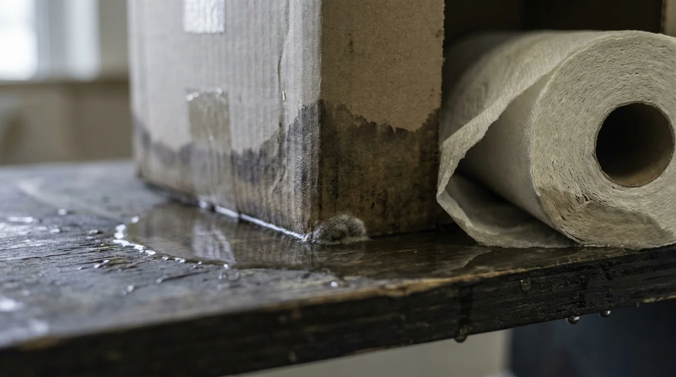 A close-up of a soggy roll of paper towels and a cardboard box sitting in a puddle, showing mold growth.