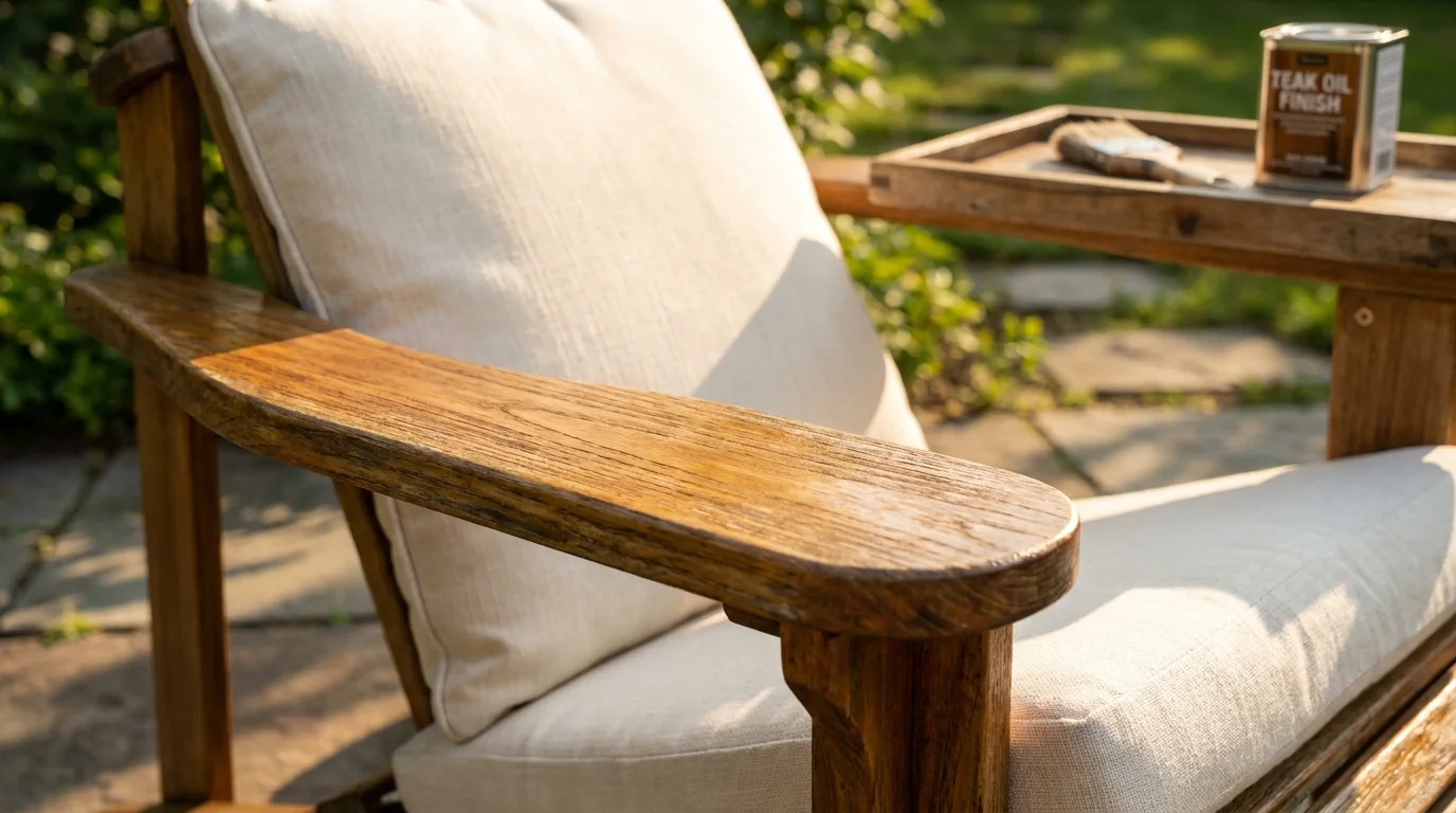 A close-up of a wooden patio chair arm with a fresh coat of oil and a new white cushion.