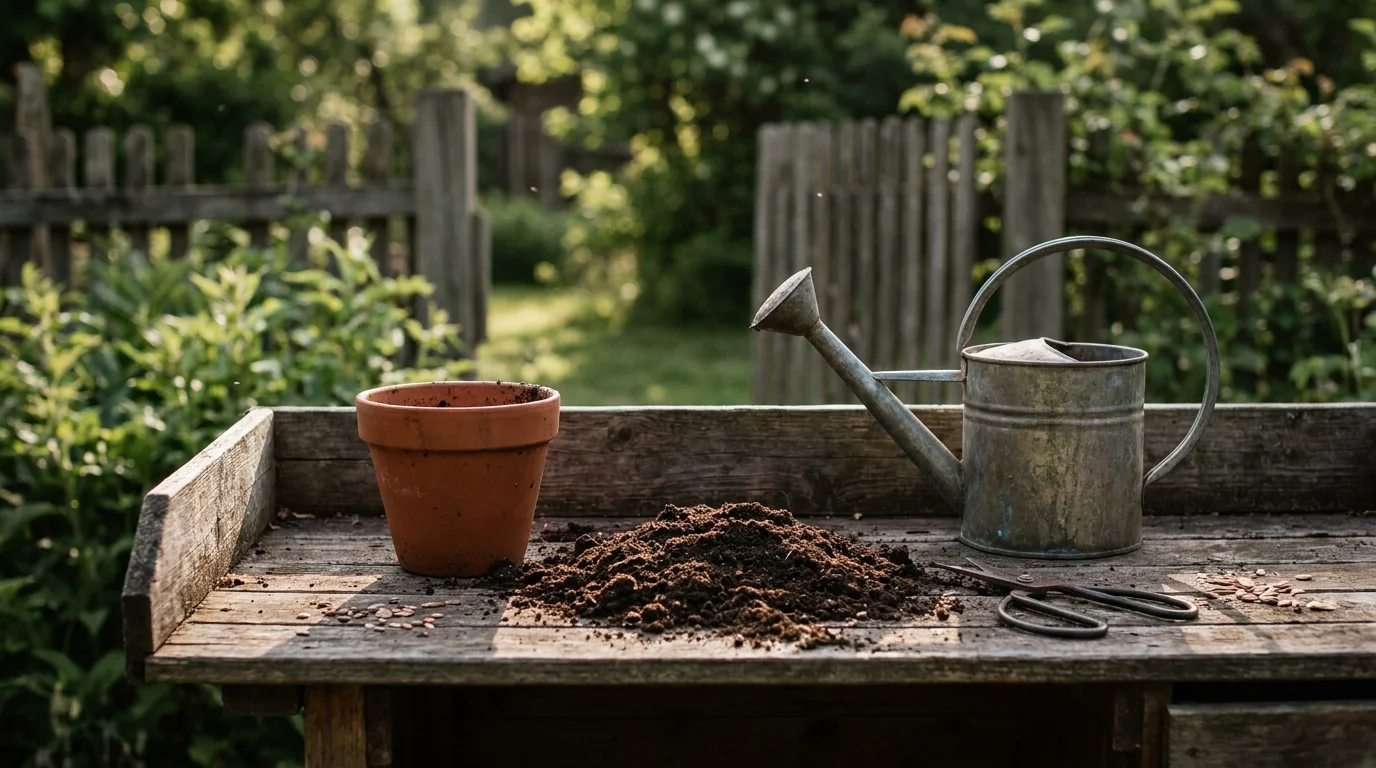 A close-up of a wooden potting bench with soil, a terra cotta pot, and a watering can in soft morning light.
