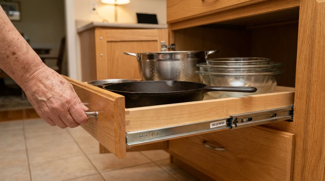 A close-up of a wooden pull-out cabinet shelf holding heavy pots and pans, showing the sliding hardware.