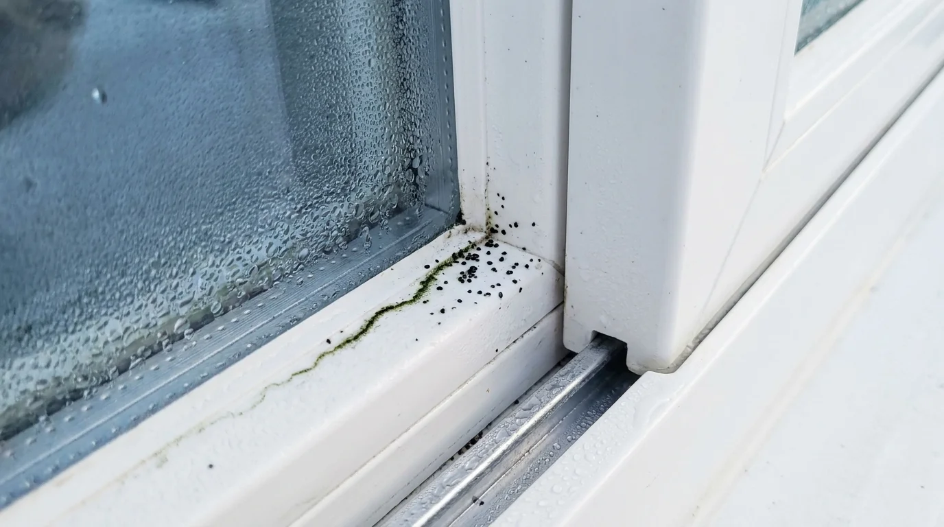 A close-up of condensation and small mold spots in the track of a white vinyl window.