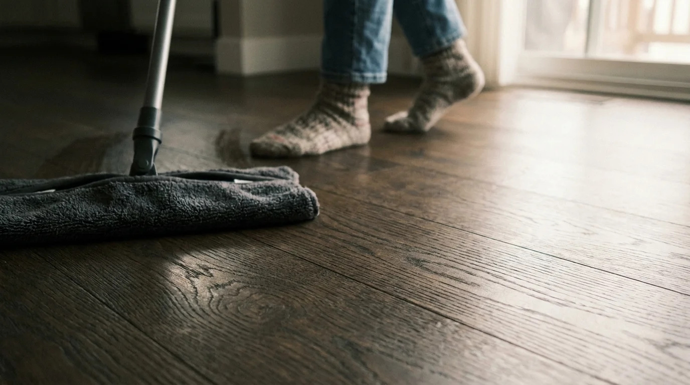A close-up photo of a damp microfiber mop cleaning a dark oak hardwood floor without leaving standing water.