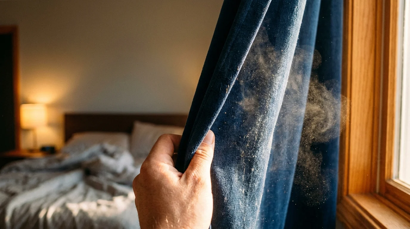 A close-up photo of a hand moving a heavy curtain, with a small cloud of dust visible in the sunlight.