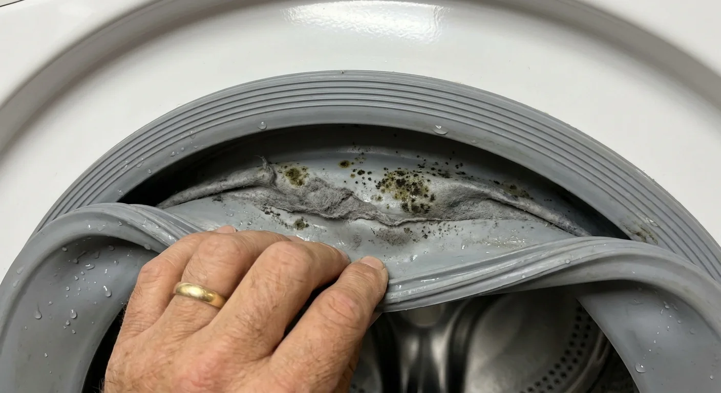 A close-up photo of a hand pulling back the rubber door seal of a washing machine to reveal hidden mold.