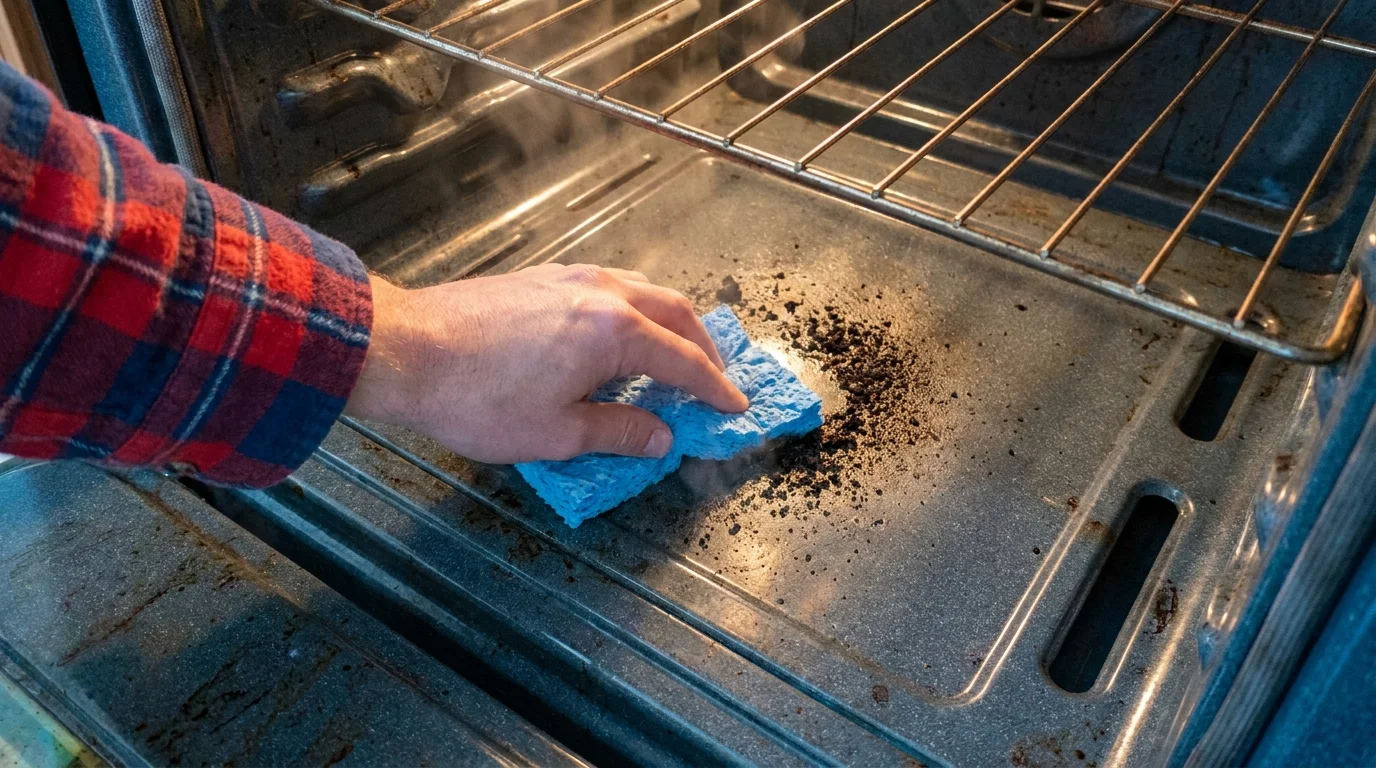 A close-up photo of a hand spot-cleaning a spill inside an oven with a blue sponge, avoiding the harsh self-clean cycle.