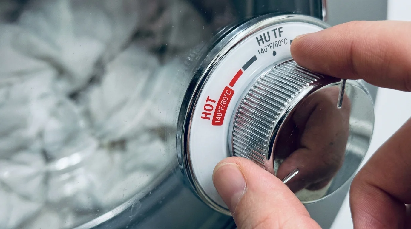 A close-up photo of a hand turning a washing machine dial to the hot water setting for white bedding.