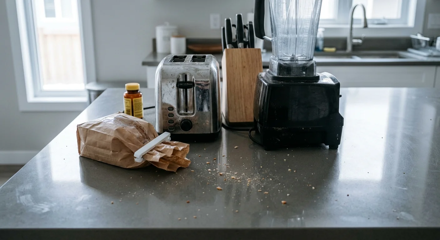 A close-up photo of a kitchen counter crowded with a toaster, blender, bread, and crumbs.