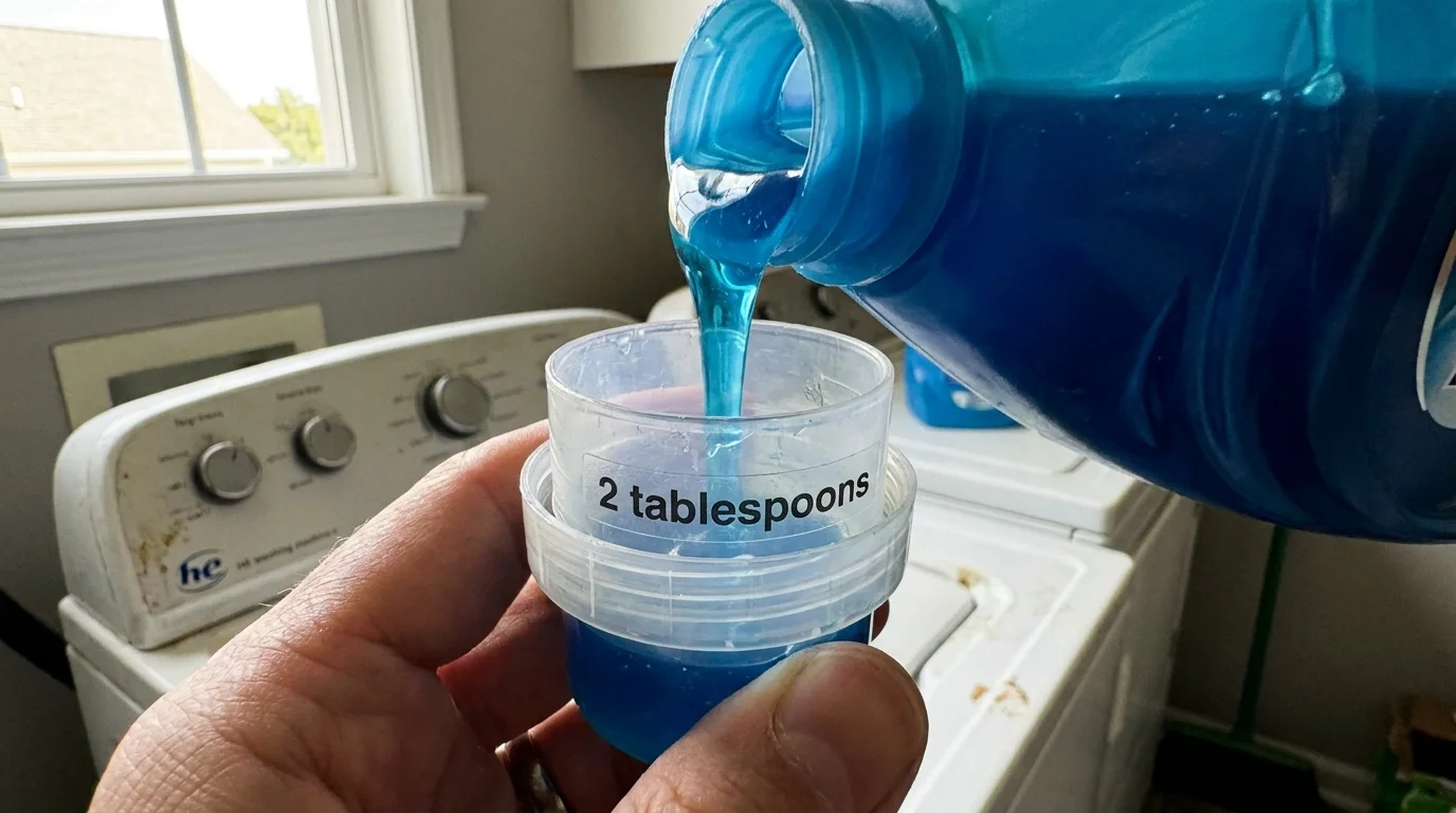 A close-up photo of a person measuring exactly two tablespoons of detergent into a cap for a high-efficiency washing machine.