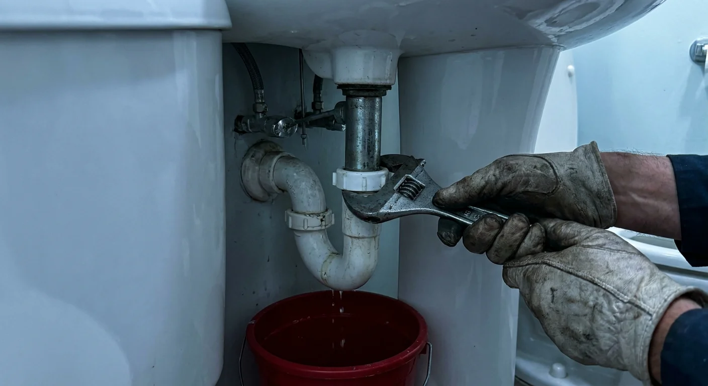 A close-up photo of a person using a wrench to unscrew a bathroom sink P-trap to clear a clog manually.