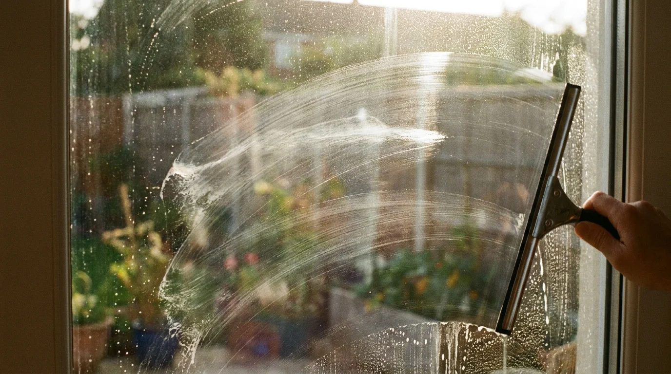 A close-up photo of a sunlit window covered in visible streaks caused by cleaning fluid drying too fast in the heat.