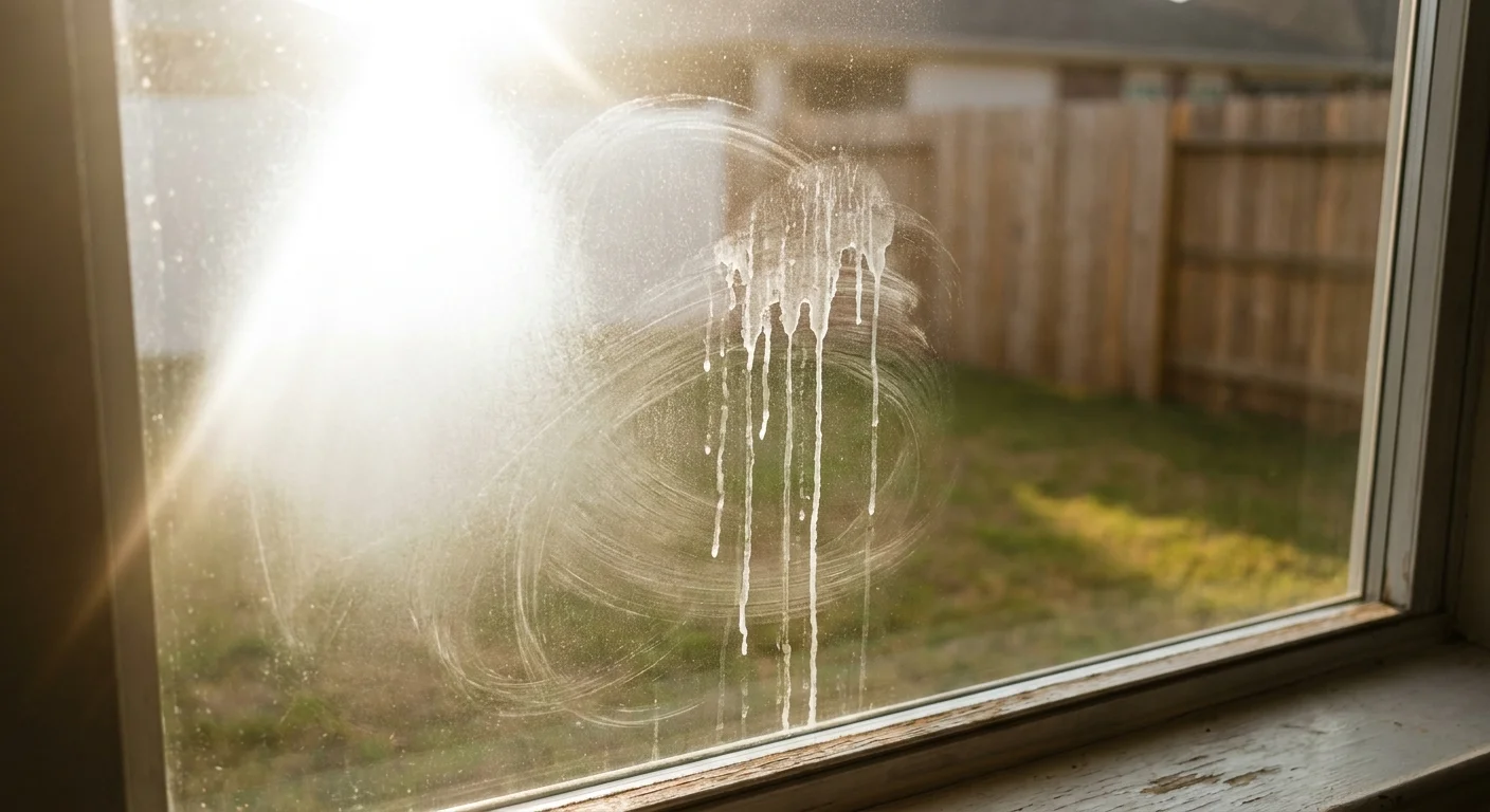 A close-up photo of a window pane covered in white streaks caused by cleaning solution drying too quickly in the hot sun.