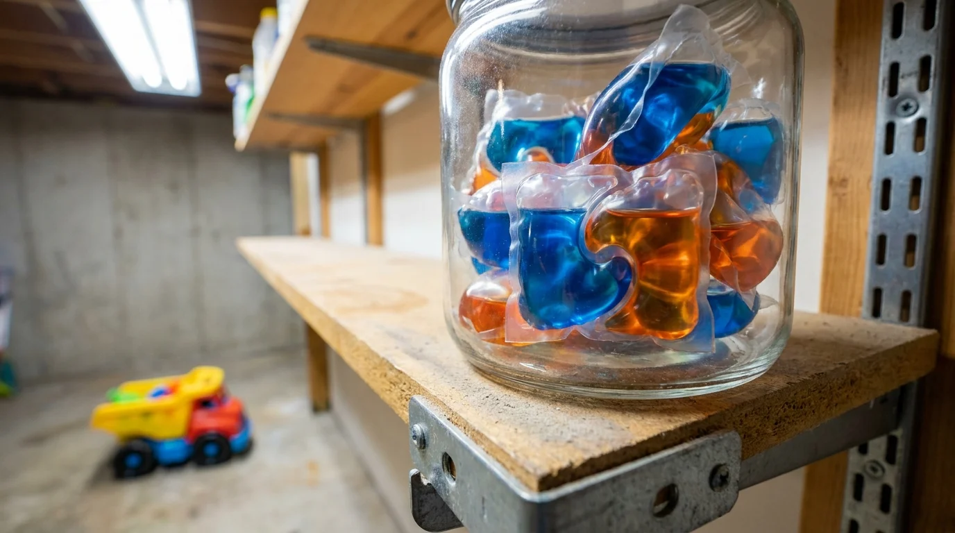 A close-up photo of colorful, liquid-filled dishwasher pods stored safely in a glass jar on a high shelf.