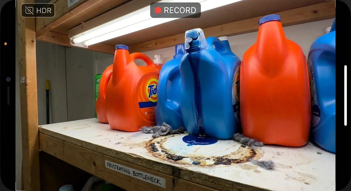 A close-up photo of messy detergent bottles on a shelf with sticky blue liquid spills and accumulated dust.