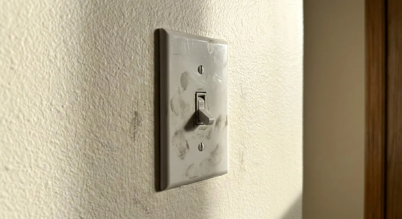 A close-up photo showing grey smudge marks and fingerprints on a white light switch plate.