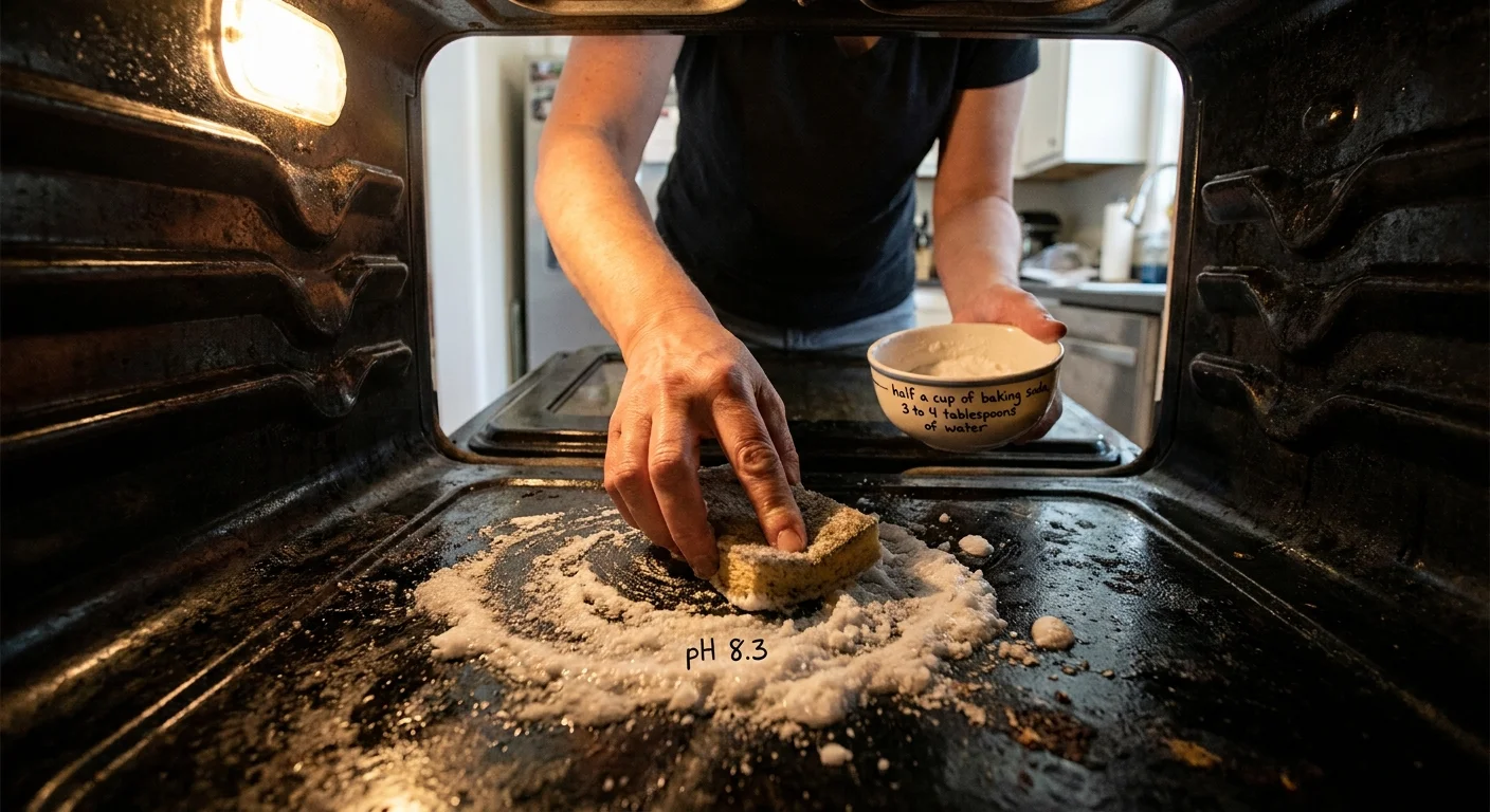 A close-up photograph of hands applying a thick white baking soda paste to the grease-stained interior of a home oven.