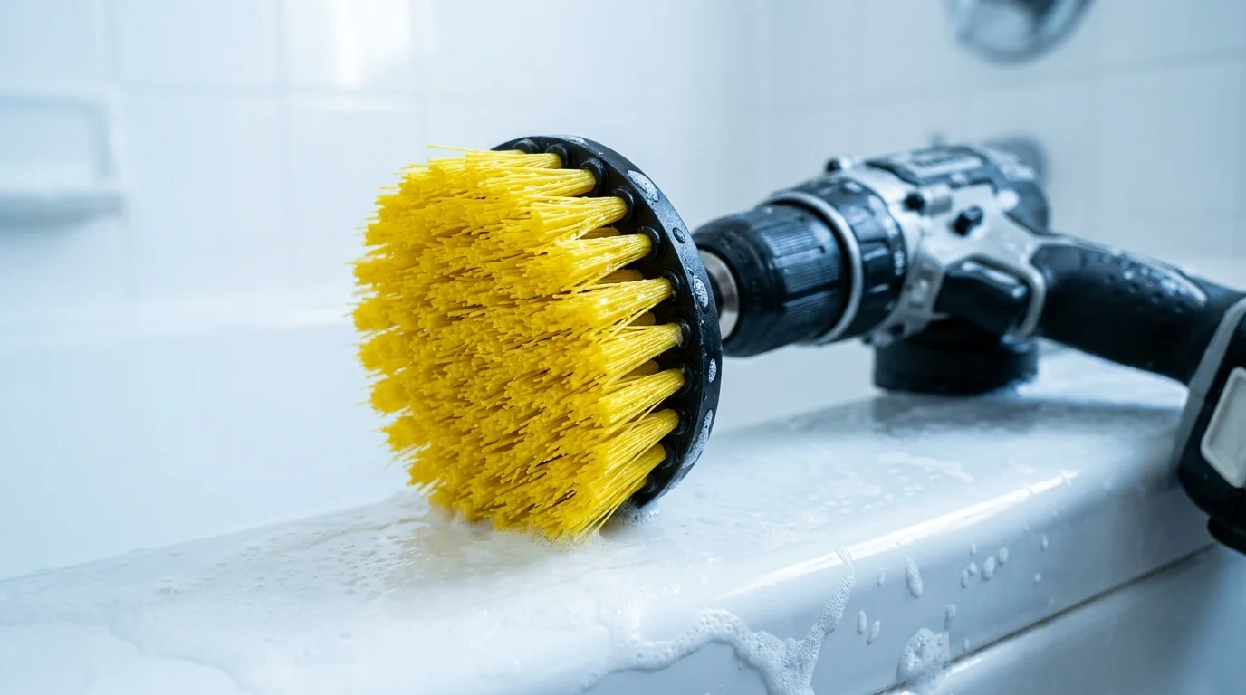 A close-up shot of a drill brush attachment scrubbing a soapy white porcelain surface.