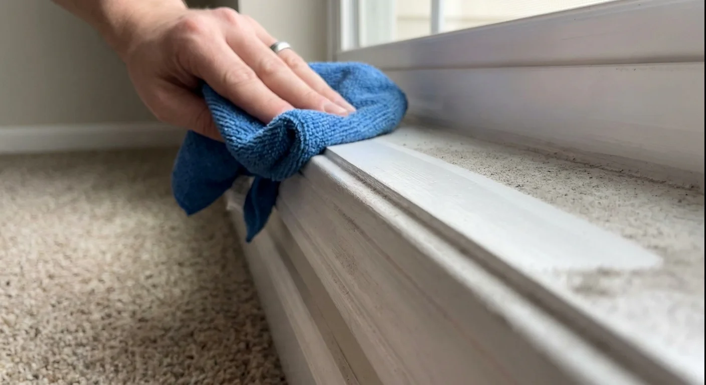A close-up shot of a hand wiping a dusty white baseboard with a blue microfiber cloth, leaving a clean streak.